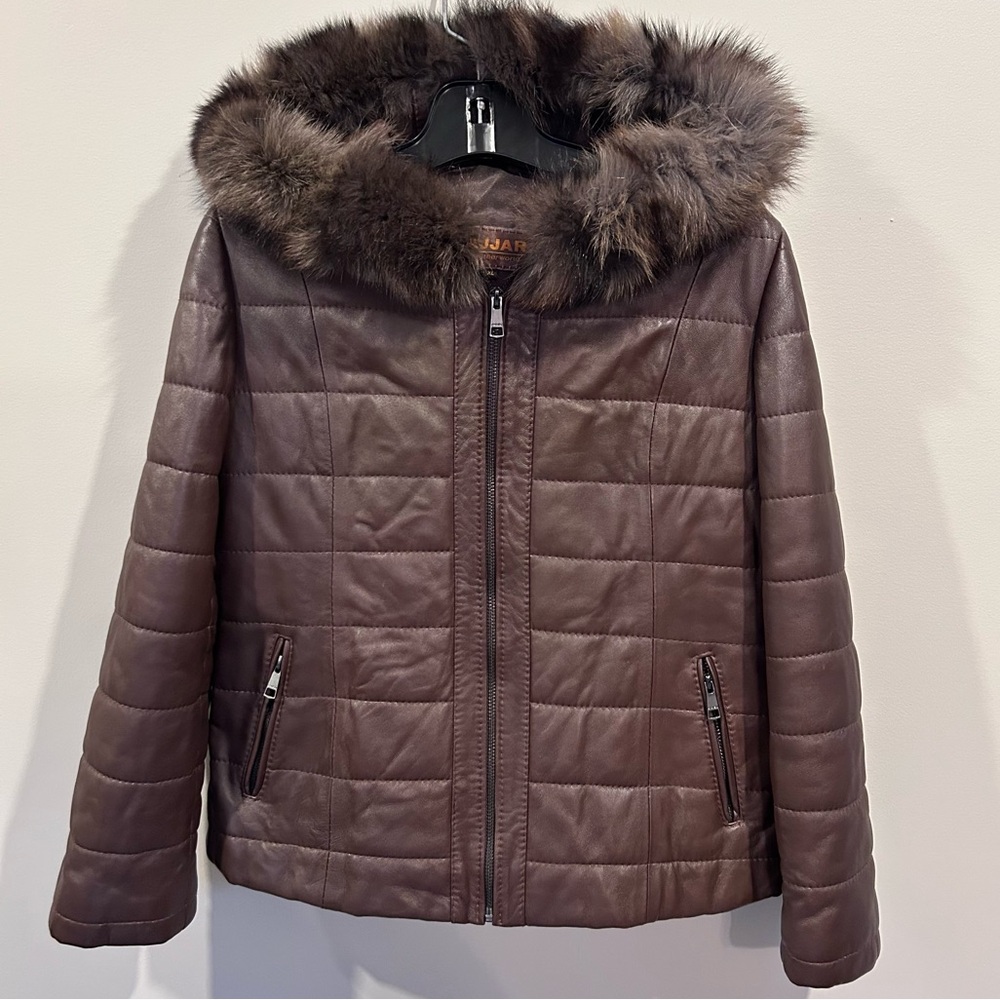 Najjar Women’s‎ Lambskin Leather Jacket size XL Brown Hooded Quilted Full Zip